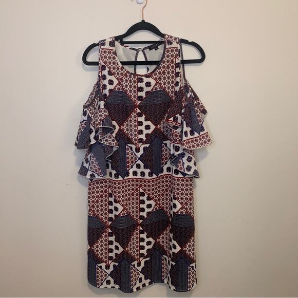 PaperMoon Patterned Cold Shoulder Ruffle Sleeve Mini Dress Large - Picture 10 of 11